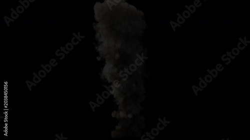 Realistic dark gray smoke plume rising and billowing upwards on a black background animation.