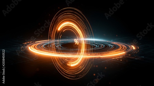 Glowing orange percentage symbol floating within a complex circular digital interface against a dark background