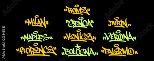 Tableau sur toile Set ten italy city graffiti tag graphic displaying italian Europe travel landmark pack bundle text for positive vibe sticker overlay urban hip hop subculture streetwear apparel clip art