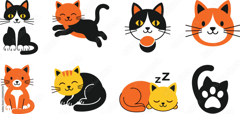 Fototapeta premium Cute Cat Cartoon Vector Set with Funny Kitten Character and Pet Icons
