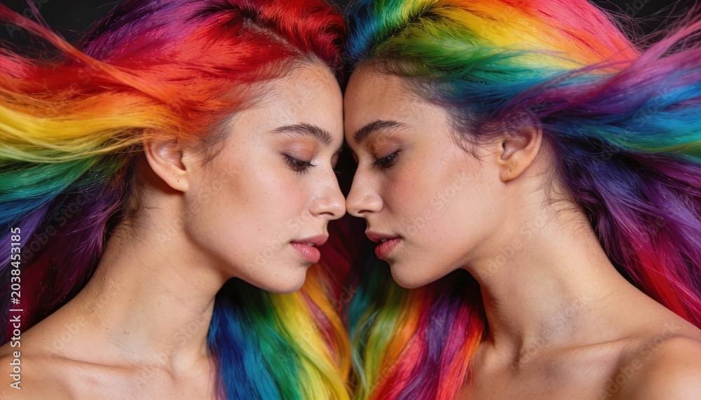 Obraz premium Dual Portrait of Women with Vibrantly Colored Hair Flowing, Each Person Face-to-Face with Eyes Closed, Showcasing Artistic Hair Dying and Expression