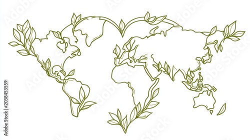 World map with leaves in a heart shape