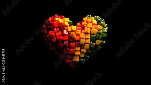 Colorful heart shape made of small, multi-colored blocks