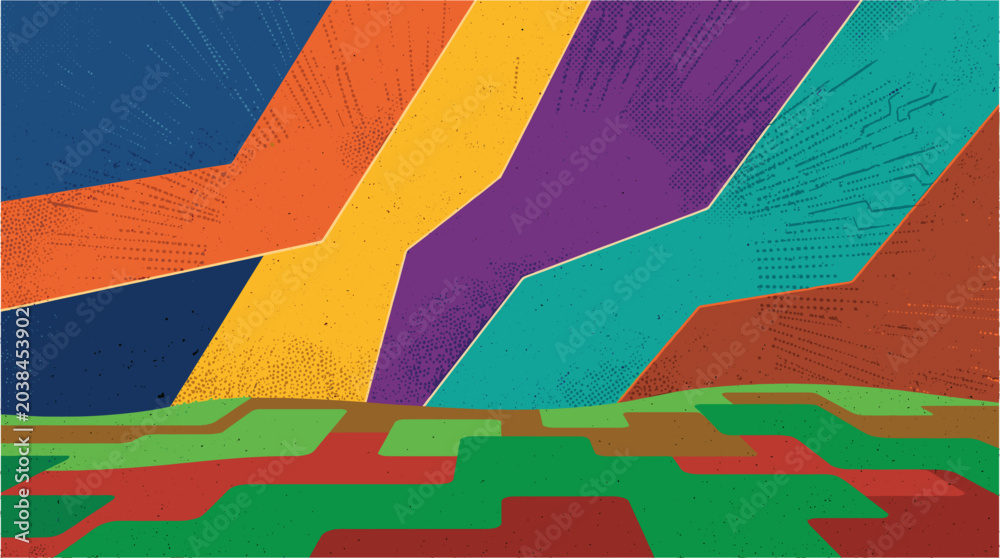 Fototapeta premium Geometric landscape displays vibrant multi-colored stripes and textured terrain in a stylized digital rendering.