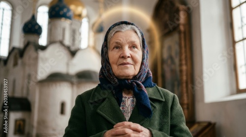 A portrait of an elderly parishioner with a halo on her head, in a black cassock and with a cross around her neck, against a background of church icons and candles.