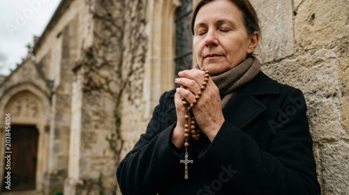 An elderly woman prays with a rosary against a stone wall, with a church visible in the background. Catholic religiosity and faith. Christianity.