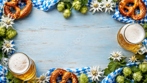 Oktoberfest flat lay background with beer mugs, pretzels, hops, edelweiss flowers and blue white checkered fabric on a light wooden table with copy space.