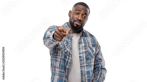 A person pointing straight ahead at the viewer with a serious expression. Isolated on white background.