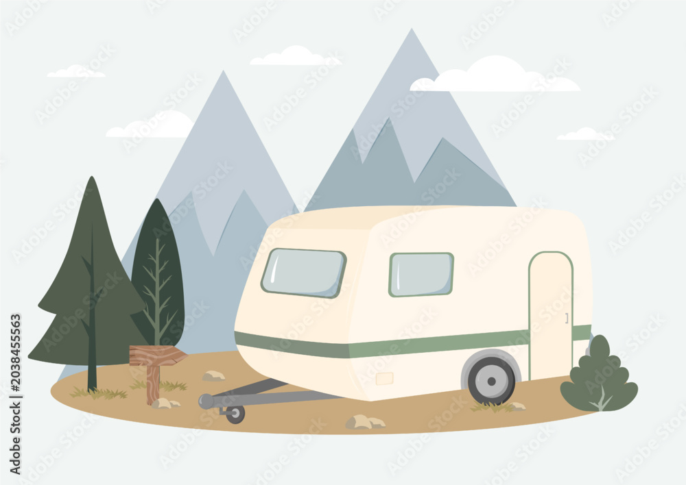 Obraz premium Cozy Camping Trailer in Mountain Forest with Pine Trees and Signpost Flat Design Vector Illustration
