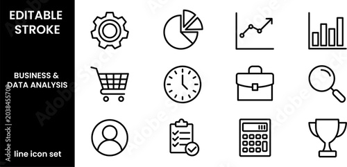 Editable stroke business and data analysis line icon set