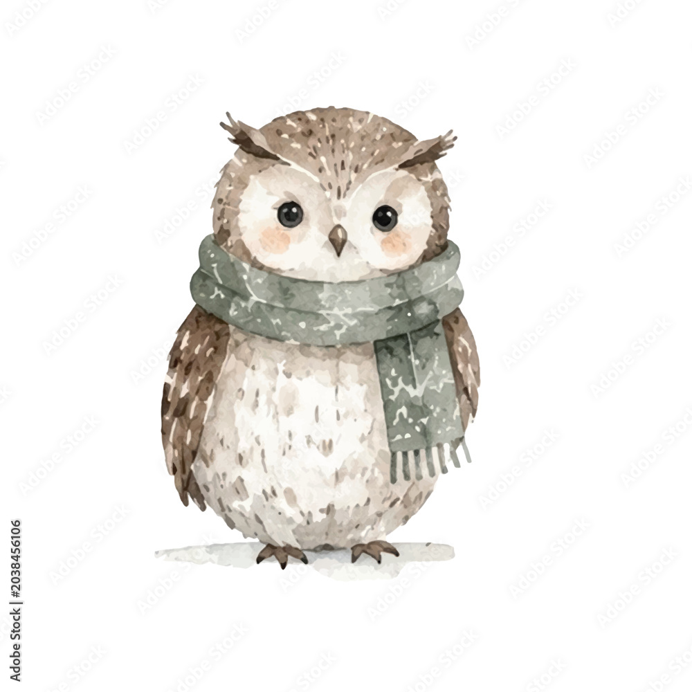 Obraz premium Cute owl watercolor illustration with cozy scarf. Hand painted woodland bird isolated on white background. Perfect for nursery decor and winter holiday design