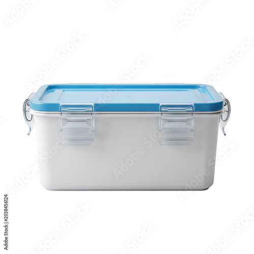 White plastic storage container with blue lid