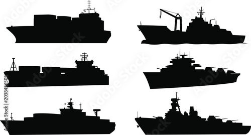 Photos Silhouettes of ships including cargo, military, and supply vessels with distinct