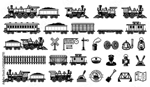 Foto Old Steam Train Icon Collection with Classic Locomotives and Vintage Railroad Sy