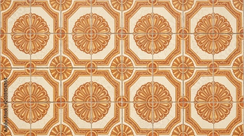 portugal tiles warm ochre rosette ceramic pattern in full frame, vintage square wall repeat, weathered glaze cracks, terracotta floral geometry, elegant ornamental surface for heritage decor