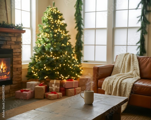 Cozy Christmas Living Room with Tree and Fireplace, christmas living room
