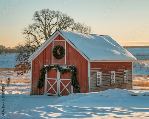 Christmas Barn in Snowy Countryside, christmas barn, red barn, snowy barn