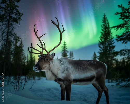 Reindeer Under Northern Lights in Winter Wilderness