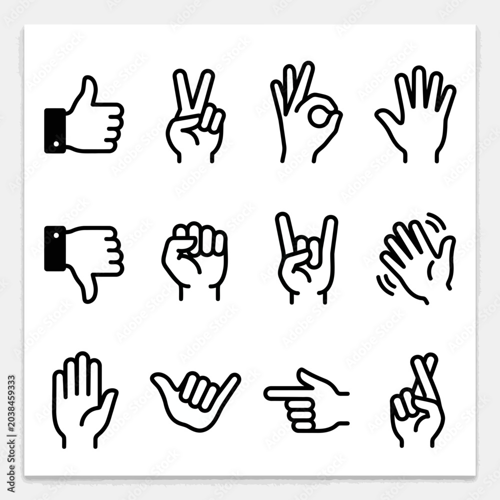 Fototapeta premium Hand Gesture Icons Set in Black and White Minimalist Line Art Style