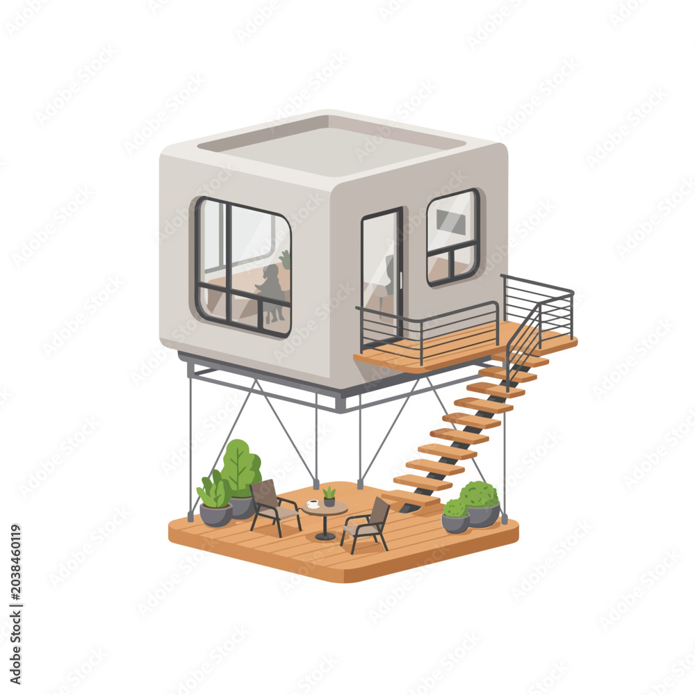 Fototapeta premium Modern Elevated Cube House Illustration