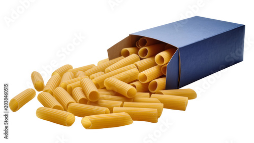 Foto Rigatoni pasta spilling from blue box