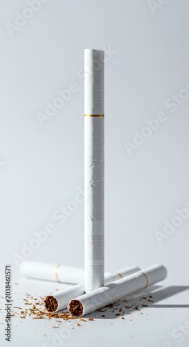 A stark studio shot of white tobacco products with filters, highlighting the dangers of smoking and addiction against a bright white background, object, filter, serial