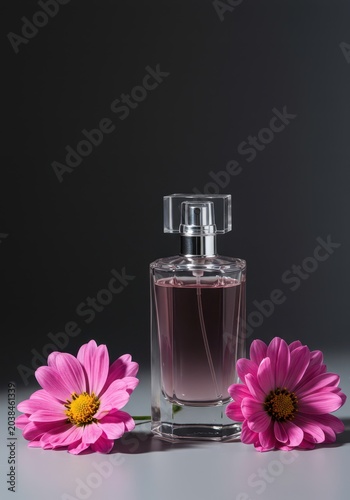 Elegant glass perfume bottle positioned beside delicate pink flowers against a smooth grey surface with dramatic soft focus, pink, flowers, smooth