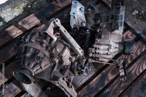 manual transmission from an old front-wheel drive car removed for cleaning and washing, repair and replacement of oil seals