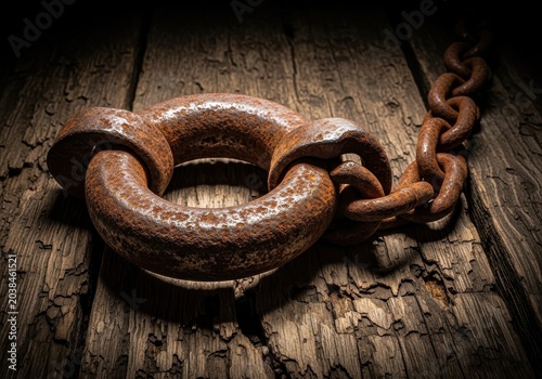 Heavy, rusty iron shackle lying on a dark, rough wooden surface, symbolizing historical injustice and the dark past of forced servitude, texture, rusty, injustice