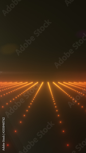 Quadro em tela Orange glowing dot grid receding into a dark horizon, creating a futuristic digital floor, data path, and abstract technology background