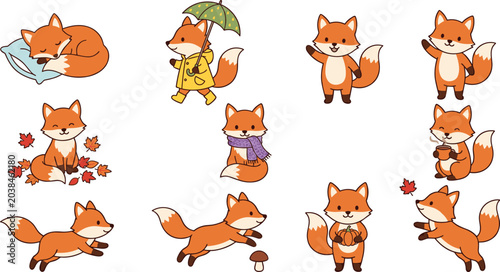 Bild auf Leinwand Cute Autumn Fox Vector Character Set Featuring Small Red Foxes Sleeping Walking
