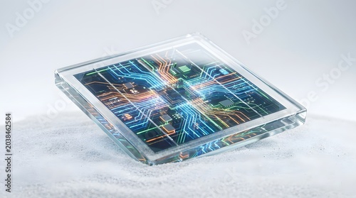 Advanced microchip processor unit featuring intricate glowing circuit board patterns encapsulated within a clear glass block presented as a modern high tech electronic component studio photograph