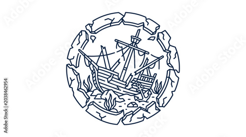 Принти на полотні Ancient shipwreck illustration with broken mast and tattered sails