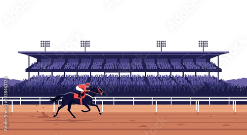 Horse Racing Jockey Galloping Towards Finish Line Stadium Crowd