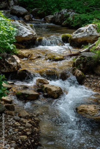 Clear stream flowing over rocks in a forested area, surrounded by lush green foliage and sunlight filtering through the trees