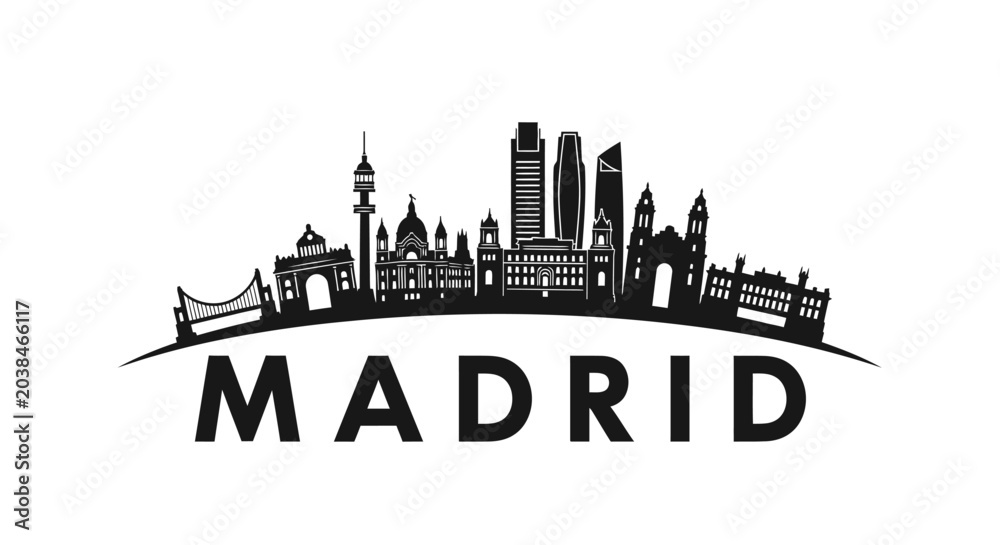 Obraz premium Stylized silhouette of madrid city's skyline featuring iconic architecture and landmarks in a minimalist black and white design