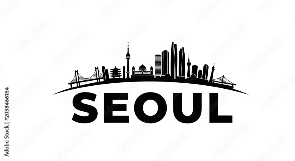 Obraz premium Silhouette of Seoul's Dynamic Skyline with Iconic Landmarks and Architectural Highlights