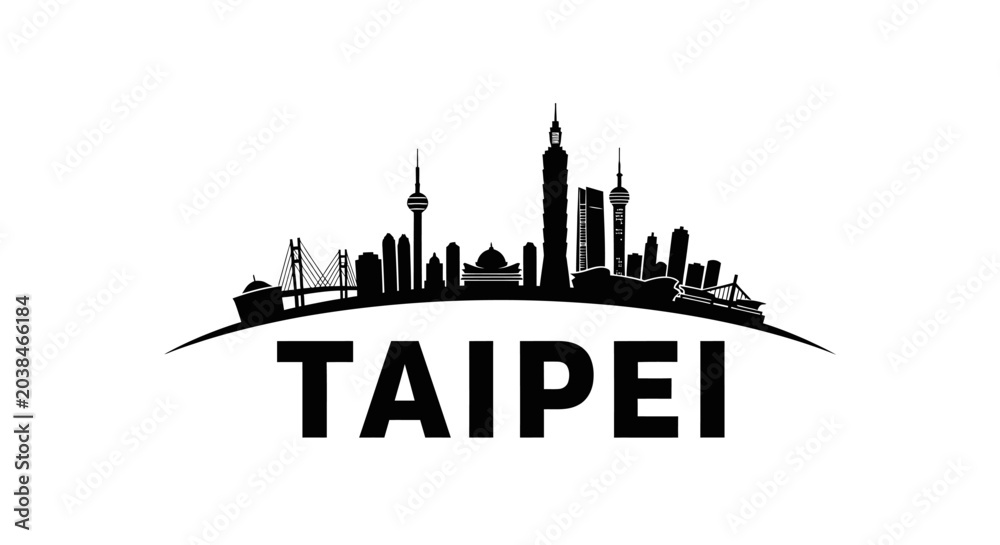 Fototapeta premium Silhouette of Taipei City Skyline with Iconic Landmarks and Towering Skyscrapers for Urban Landscape Illustration