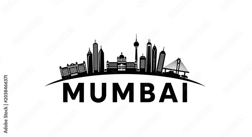 Fototapeta premium Stylized black and white skyline silhouette capturing iconic Mumbai cityscape and urban architecture
