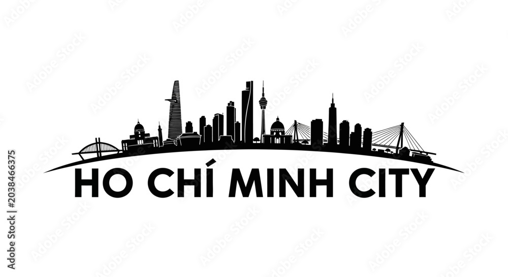 Fototapeta premium Silhouette of Ho Chi Minh City Skyline Featuring Iconic Landmarks and Modern Skyscrapers Illustration