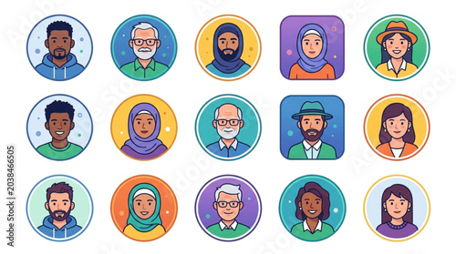 Diverse Group of People Avatars in Circular Frames.
