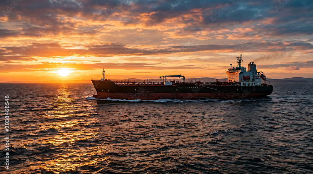 Obraz premium Industrial Oil Tanker Cargo Ship Crossing Sea Horizon Under Golden Orange Cloudy Sunset Sky