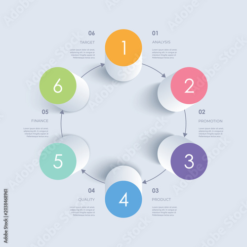 3D infographic featuring six cylindrical elements. Isometric layout suitable for process diagrams, presentations, workflow diagrams and flowcharts.