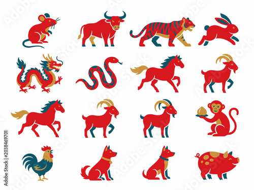 Chinese zodiac signs set, twelve animals of the lunar calendar