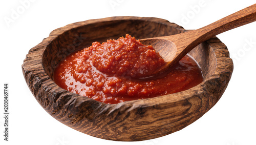 Obraz na plátně Wooden bowl filled with red tomato paste and wooden spoon