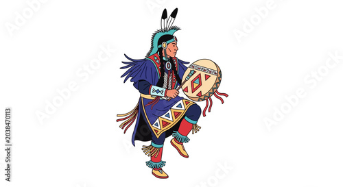 Schilderij op canvas Native American dancer in traditional regalia playing a drum