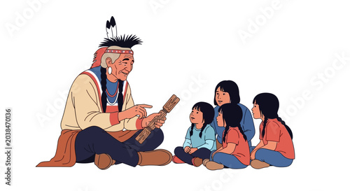 Schilderij op canvas Native American Elder Teaching Children Storytelling Traditional Culture
