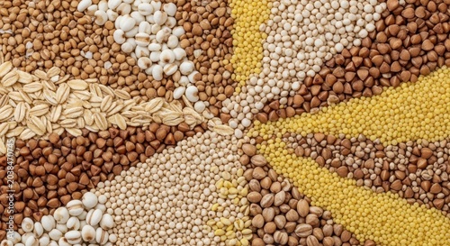 A macro shot capturing the rich textures and natural colors of diverse, unprocessed wholegrain kernels essential for healthy diets, oat, plant, whole