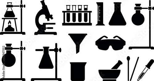 Black and white vector illustration of various laboratory glassware, tools, and scientific equipment icons on a clean background.