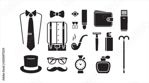 Classic Menswear Vector Collection Featuring Elegant Gentleman Accessories and Grooming Symbols